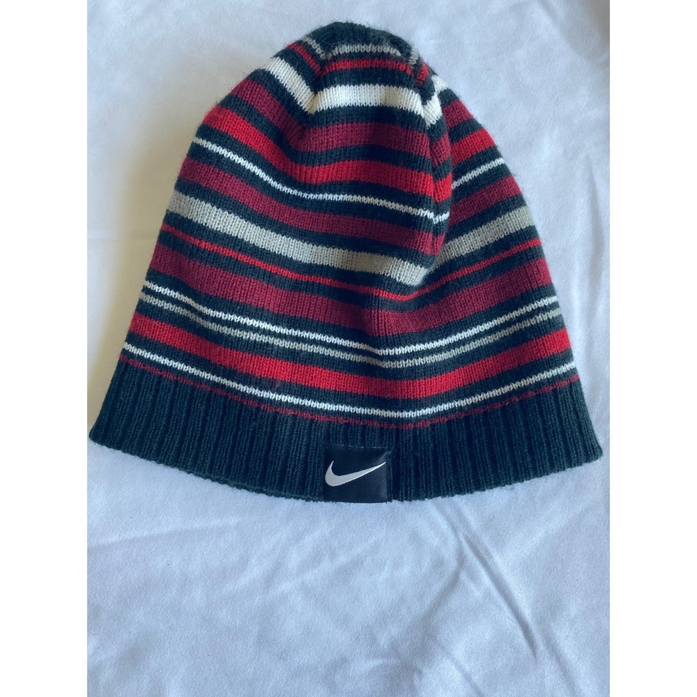 Nike Kids Striped Knit Sporty Beanie Winter Hat Size 4-7 Navy Red